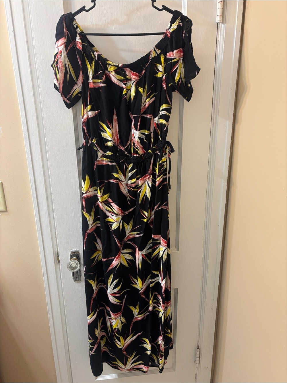 1. State Black Off-Shoulder Maxi Dress with Yellow & Pink Floral Print